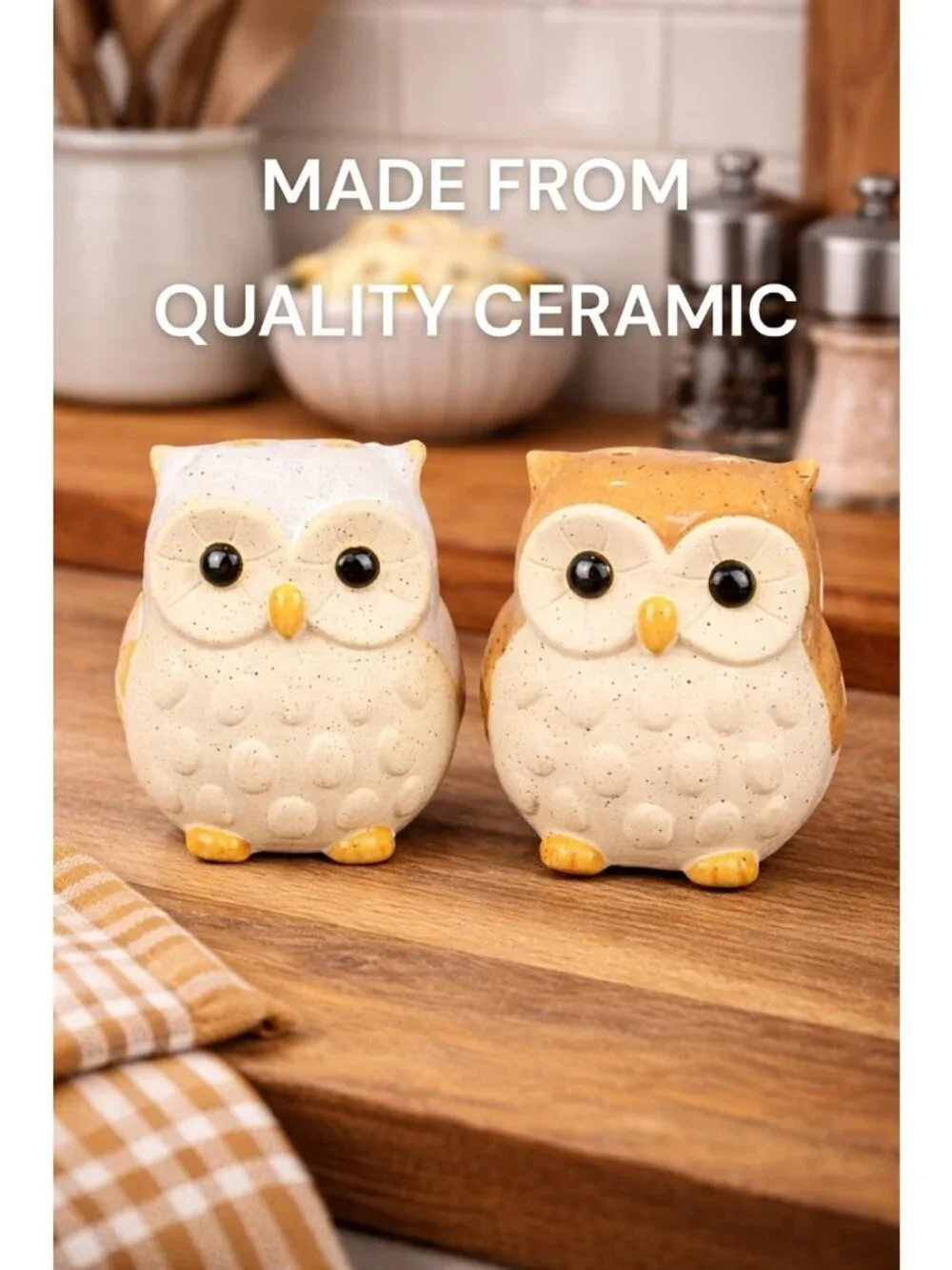 Hand-Painted Stoneware Owl Salt & Pepper Shakers | Brown & White Kitchen Decor